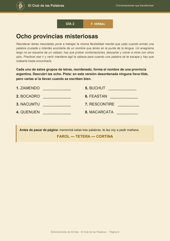 Página del día 2: Ocho provincias misteriosas, un ejercicio de fluidez verbal